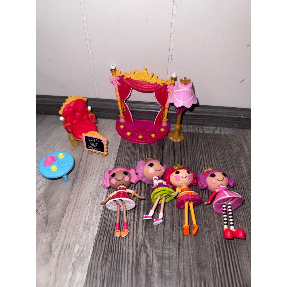 Lalaloopsy Mini Doll Lot 4 Figures Stage Accessories Chair Table Lamp Stage